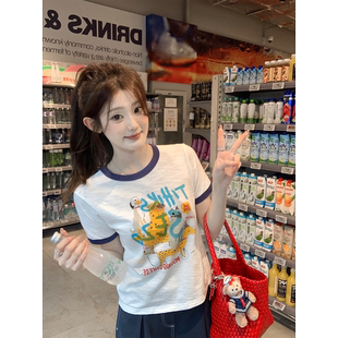 珍珍家玩趣魔法撞色童趣夏日印花短袖 竹节T复古正肩休闲百搭上衣