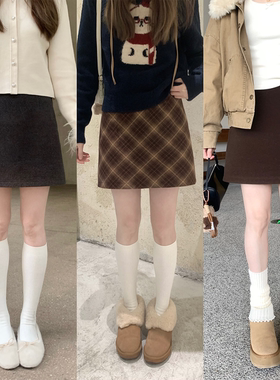 珍珍家 复古百搭高知温柔感A字三色毛呢半身裙小个子秋冬新款半裙