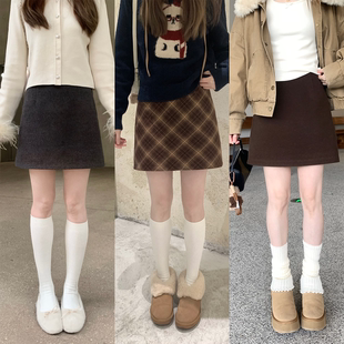 珍珍家 复古百搭高知温柔感A字三色毛呢半身裙小个子秋冬新款半裙