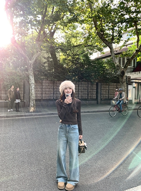 珍珍家雅痞时髦复古显瘦腔调阔腿长裤冬季新款加厚拖地休闲牛仔裤