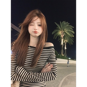 Zzhen莱赛尔高弹亲肤一字领上衣斜肩长袖 显瘦百搭打底上衣 T恤修身