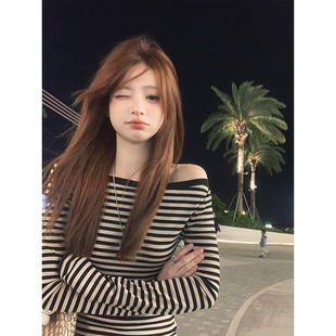 Zzhen莱赛尔高弹亲肤一字领上衣斜肩长袖 显瘦百搭打底上衣 T恤修身