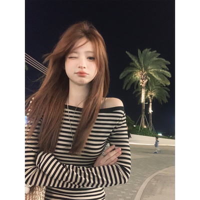 Zzhen莱赛尔高弹亲肤一字领上衣斜肩长袖T恤修身显瘦百搭打底上衣