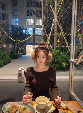 珍珍家温斯顿艺术生温柔层次美一字肩针织毛衣复古上衣软糯打底衫