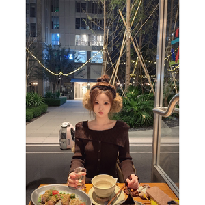 珍珍家温斯顿艺术生温柔层次美一字肩针织毛衣复古上衣软糯打底衫