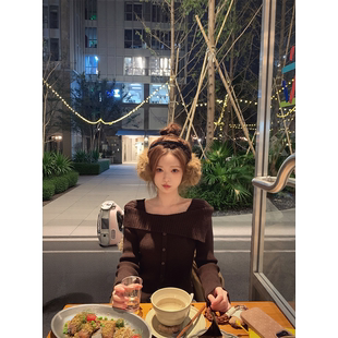 珍珍家温斯顿艺术生温柔层次美一字肩针织毛衣复古上衣软糯打底衫