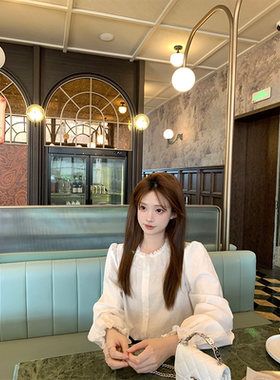 珍珍家南岸画廊温柔调调蕾丝花边圆领衬衫百搭气质显瘦长袖衬衣女