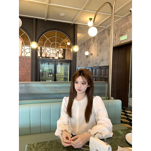 珍珍家南岸画廊温柔调调蕾丝花边圆领衬衫百搭气质显瘦长袖衬衣女