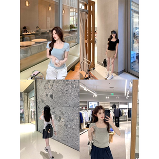 新款 夏季 百搭U领正肩上衣 云朵T恤显瘦纯色短袖 珍珍家简约舒适修身