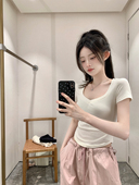 时髦辣妹显瘦上衣夏季 珍珍家甜欲feel天丝大U领短袖 T纯色百搭修身