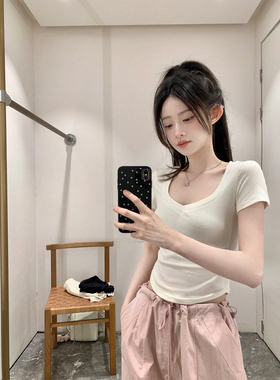 珍珍家甜欲feel天丝大U领短袖T纯色百搭修身时髦辣妹显瘦上衣夏季