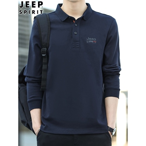 JEEP吉普纯棉长袖T恤男士春秋装打底上衣中年商务休闲翻领POLO衫