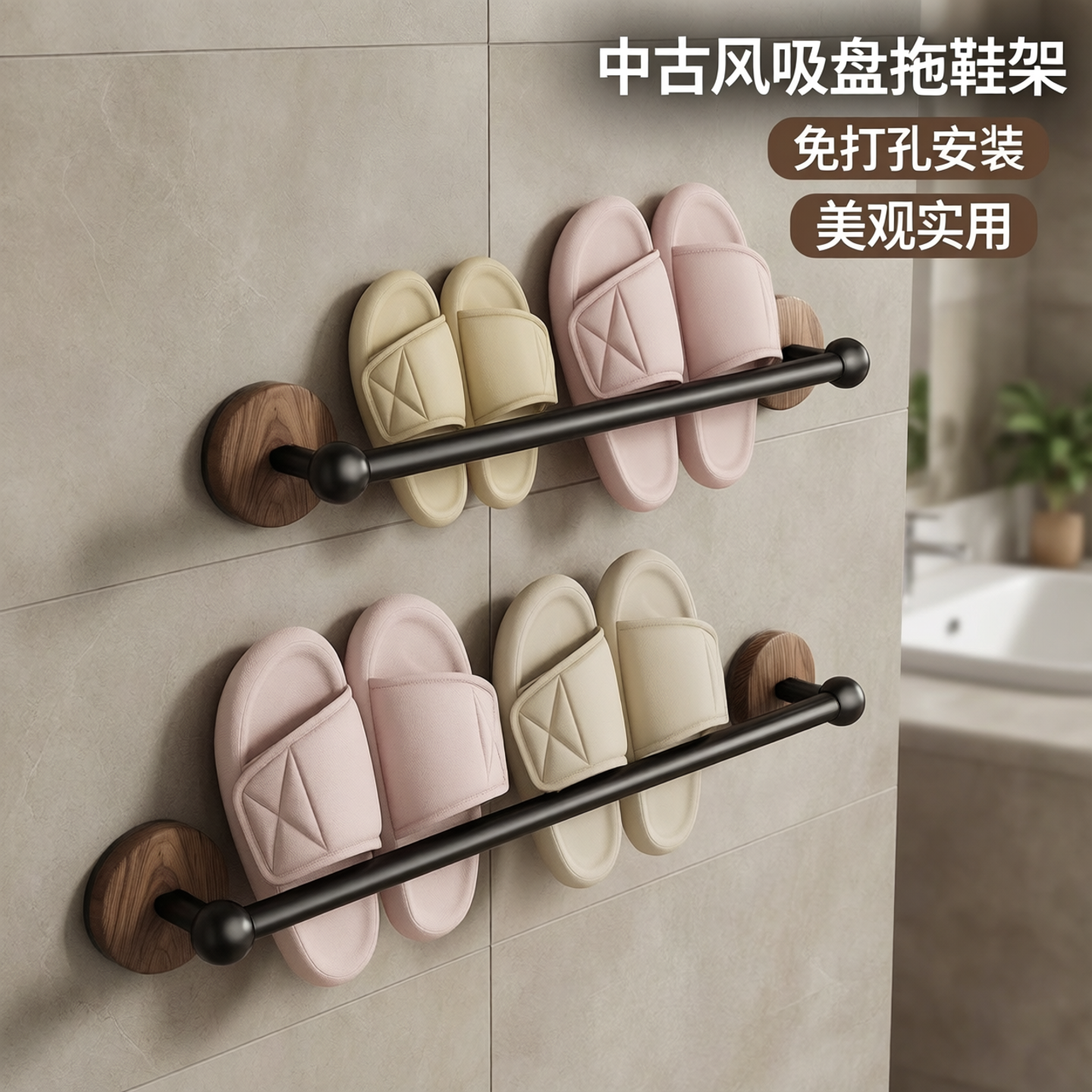 吸盘拖鞋架中古风卫生间厕所入户门沥水架壁挂式拖鞋挂架各种神器