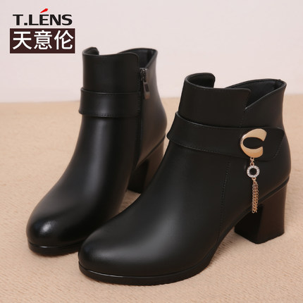 短靴女粗跟中年女鞋靴子女中老年女鞋单靴妈妈棉鞋中跟秋冬加绒里