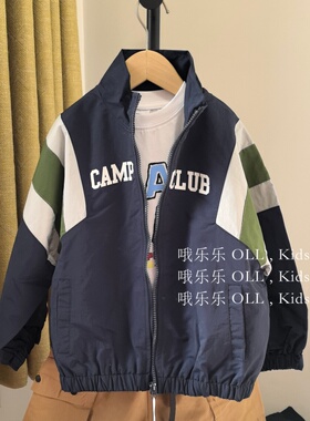 OLL 26年春秋复古飞行员夹克双层男童拼色宽松街舞外套上衣拉链款