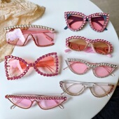粉色系带砖欧美时尚 跨境sunglasses 大框镶钻太阳眼镜走秀墨镜个性