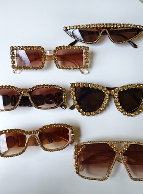 香槟色系带砖大框镶钻欧美潮墨镜