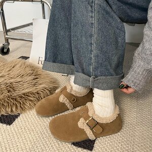冬季勃肯鞋女2024新款一脚蹬厚底加绒保暖复古毛毛鞋外穿雪地靴