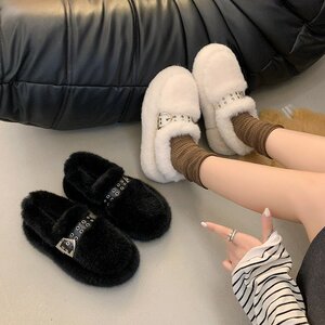 厚底棉鞋女冬外穿加绒一脚蹬白色毛毛鞋2024秋冬季兔毛东北雪地靴