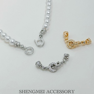 14k包金镶钻圆形长条双扣头珍珠项链手链小米珠连接扣搭扣diy配件