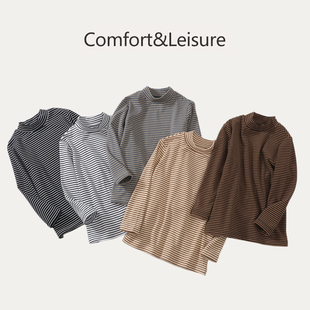 糯米条纹打底衫110-170#儿童A类德绒半高领打底衫男女童秋冬t恤衫