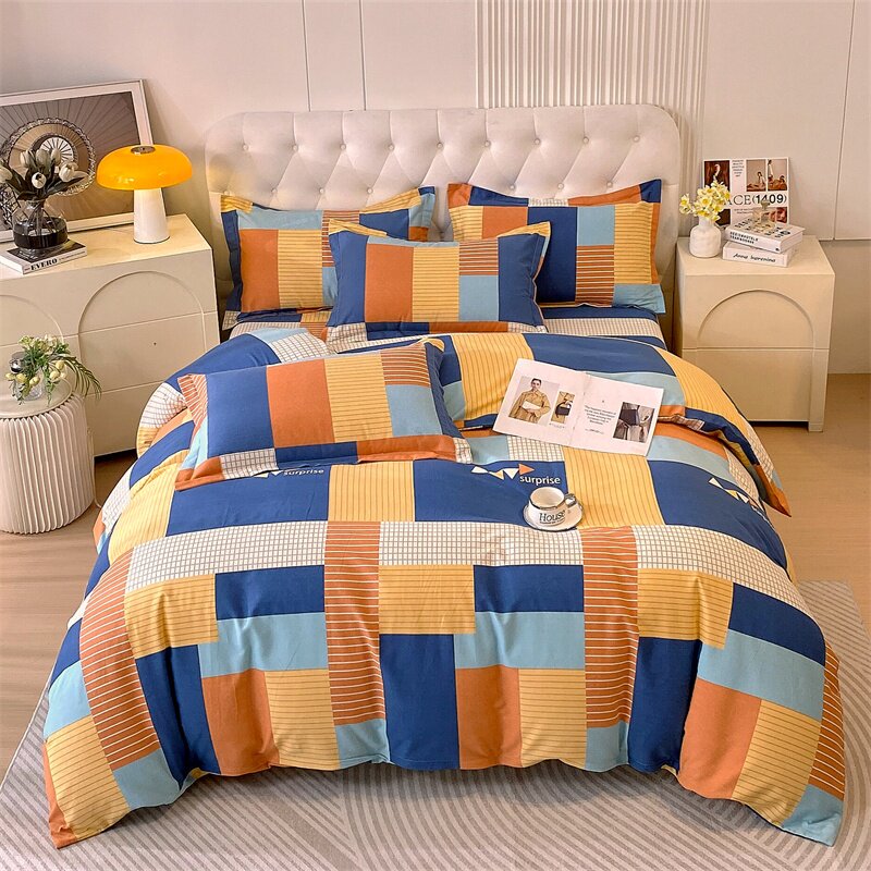彩色格纹床品套件全棉磨毛四件套消防蓝深黄橘色床单被套单人双人