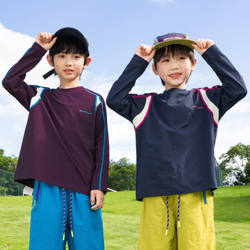 速干防晒炸街舞嘻哈童装男童上衣撞色明线原纱宽松中大童长袖T恤