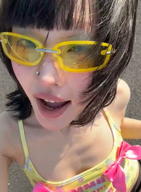 柠檬黄复古个性金属窄框长方形墨镜Y2K甜酷辣妹风中性太阳眼镜潮