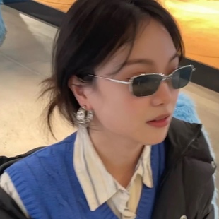 窄长金属银框墨绿G家复古墨镜男女小脸高级感日常通勤百搭太阳镜