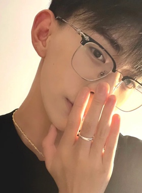 浓颜系帅哥下半框斯文痞帅亮黑银边平光眼镜架眉线形度数近视显瘦