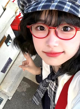 软萌可爱少女感红色小框平光眼镜素颜神器近视配度数装饰灰粉框架
