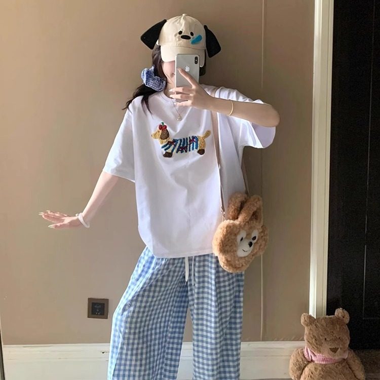 可爱少女感休闲运动套装女夏季韩版刺绣短袖格子裤减龄百搭两件套