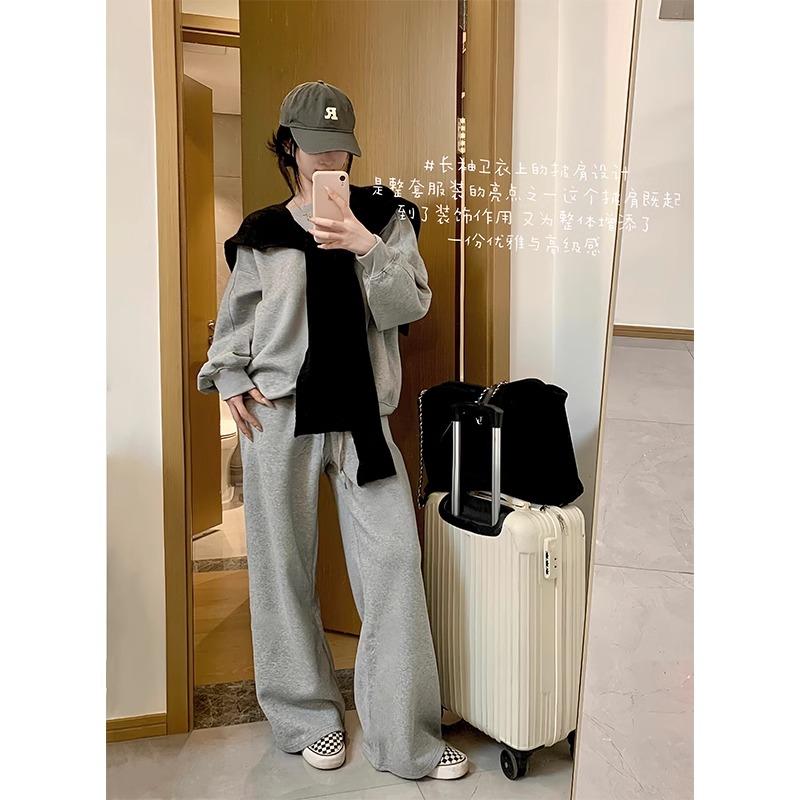 灰色加绒慵懒风纯色休闲圆领卫衣运动套装秋冬季宽松大码两件套in