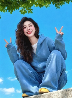 韩系休闲运动套装女春季慵懒风蓝色连帽拉链卫衣阔腿裤减龄两件套