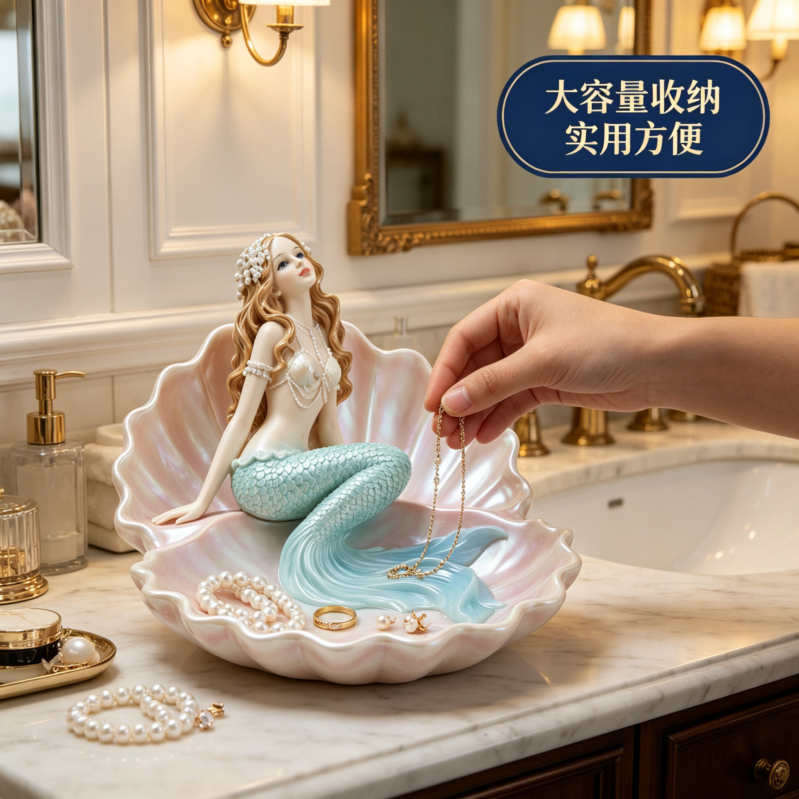 美式贝壳美人鱼首饰项链戒指盘桌面柜子卧室收纳盒装饰糖果盘摆件