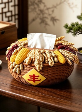 新中式五谷丰登纸巾收纳盒客厅餐桌纸抽盒装饰床头柜生日礼物摆件