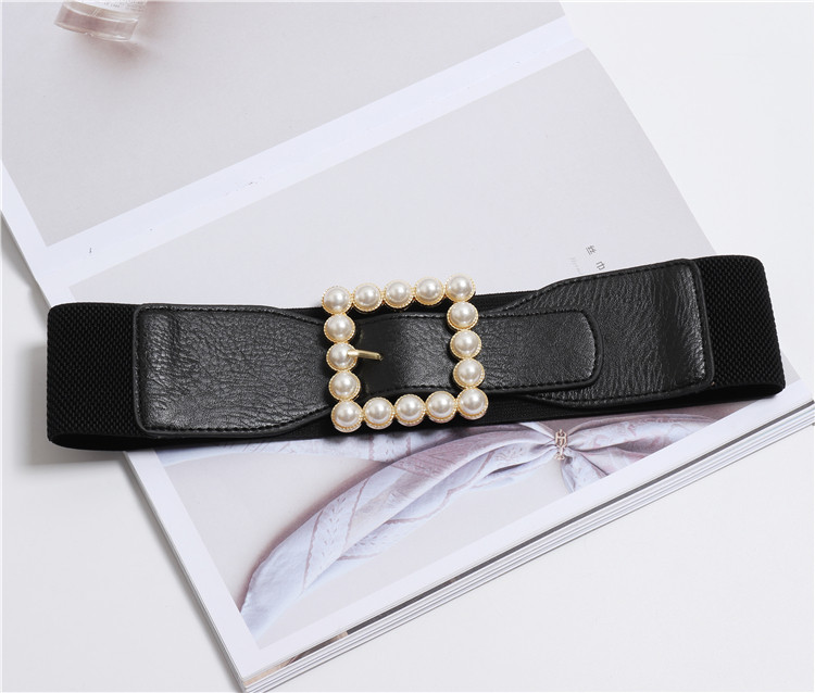 复古连衣裙装饰宽腰带女士黑色松紧腰封弹力百搭珍珠皮带收腰显瘦