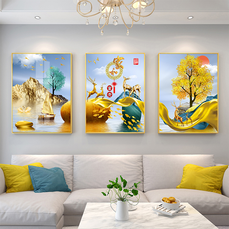 家和富贵发财麋鹿三联画十字绣2025客厅新款线绣手工自己刺绣满绣