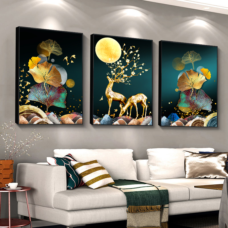 招财发财麋鹿风景三联画十字绣2025客厅新款线绣卧室手工自己刺绣