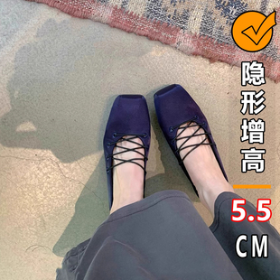 羊皮版~内增高5CM绸缎方头芭蕾舞单鞋女复古蓝色交叉带玛丽珍鞋