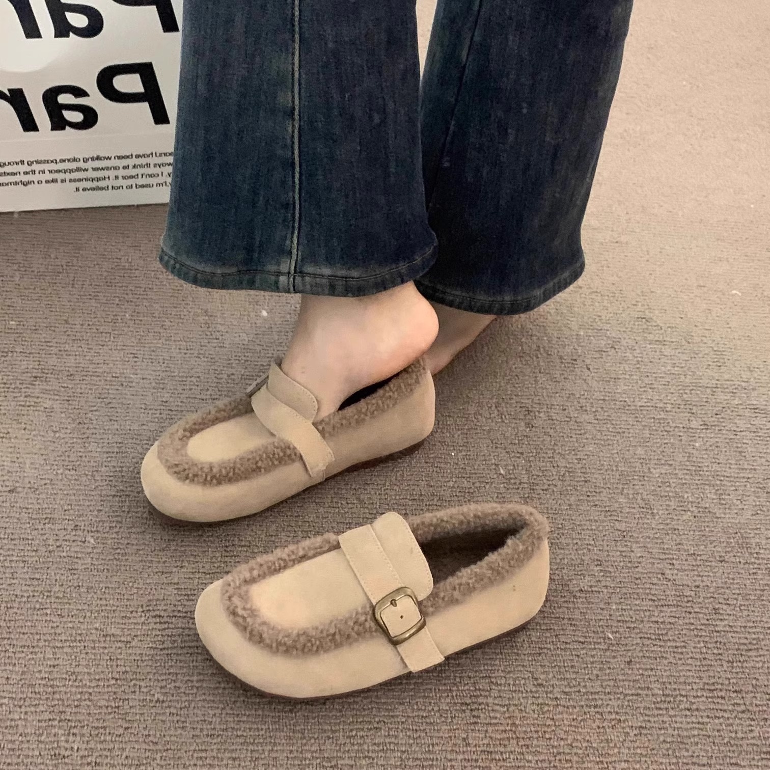 啄木鸟断码复古加绒乐福鞋女2024秋冬保暖一脚蹬奶奶软底勃肯棉鞋