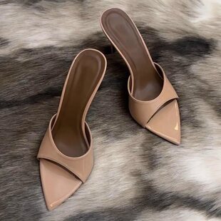 漆皮性感半拖鞋 PLOVER2026夏新款 尖头高跟凉拖一字带细跟裸色凉鞋