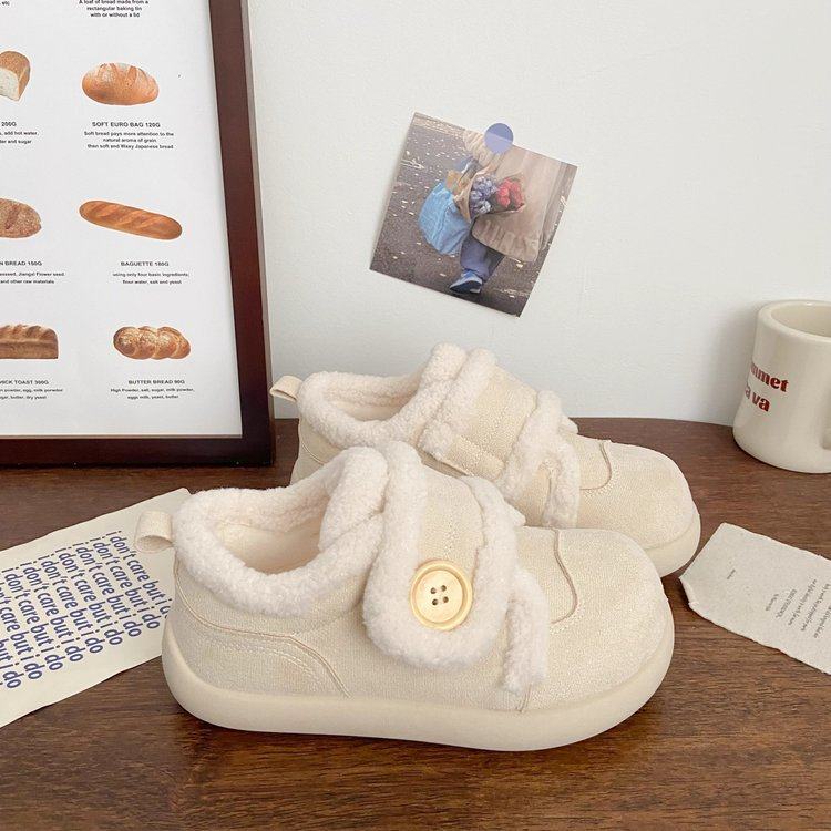 PLOVER奶白加绒魔术贴板鞋女2025冬季新款chic小众毛毛棉鞋运动小