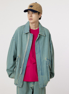 外贸 潮牌RCWB 男士复古做旧水洗牛仔夹克 大版翻领拉链牛仔外套