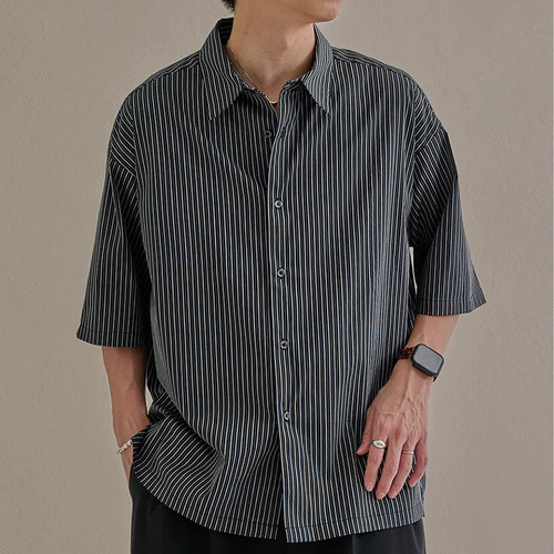 条纹凉感短袖衬衫宽松夏季男