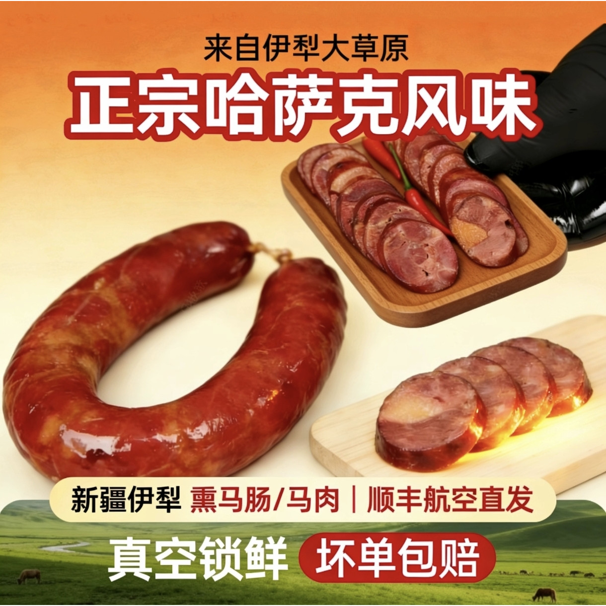 新疆正宗伊犁 熏马肠 马肉 半干熟生马肠子2斤包邮特产美食真空