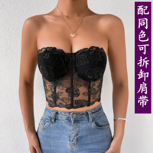 Sexy Rose Tube Tops 性感玫瑰花抹胸紧身小背心抹胸内搭配肩带女