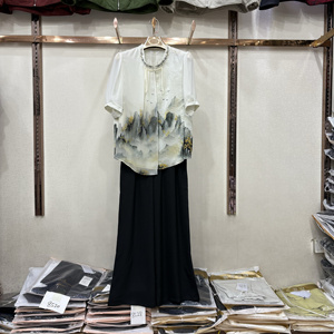 雨格A377专柜正品夏装洋气减龄显瘦水墨画衬衫阔腿裤两件套女妈妈