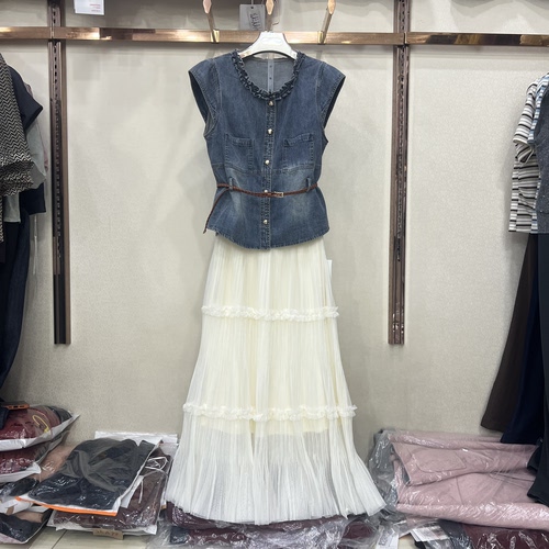 黎诗情26-837专柜正品夏法式复古牛仔套装女无袖马甲百褶裙两件套