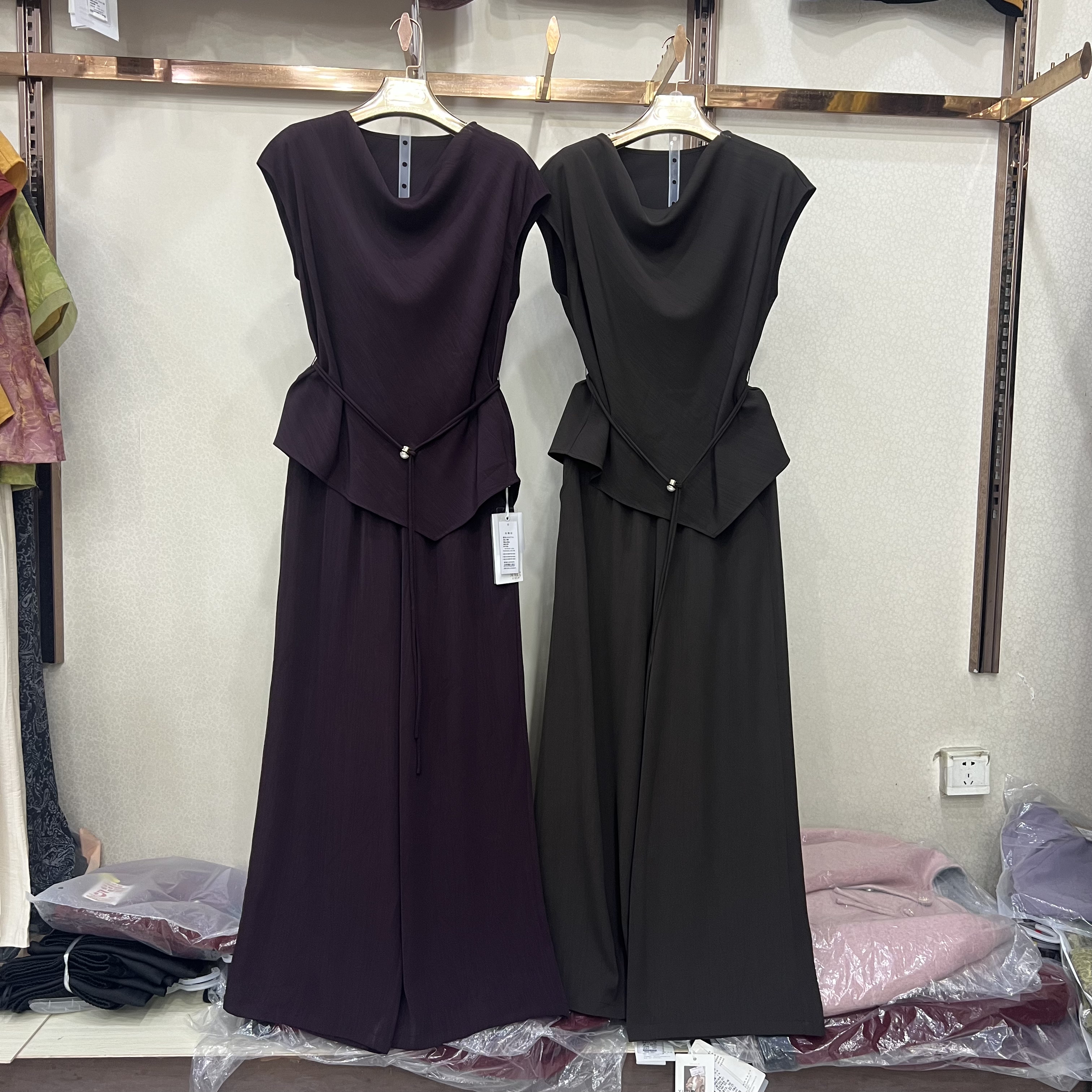 名扬M26XT793专柜正品夏新款堆堆领无袖系带不规则上衣阔腿裤套裤